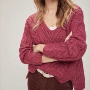 Women’s L raspberry cable knit oversized Anthropologie long sleeved sweater